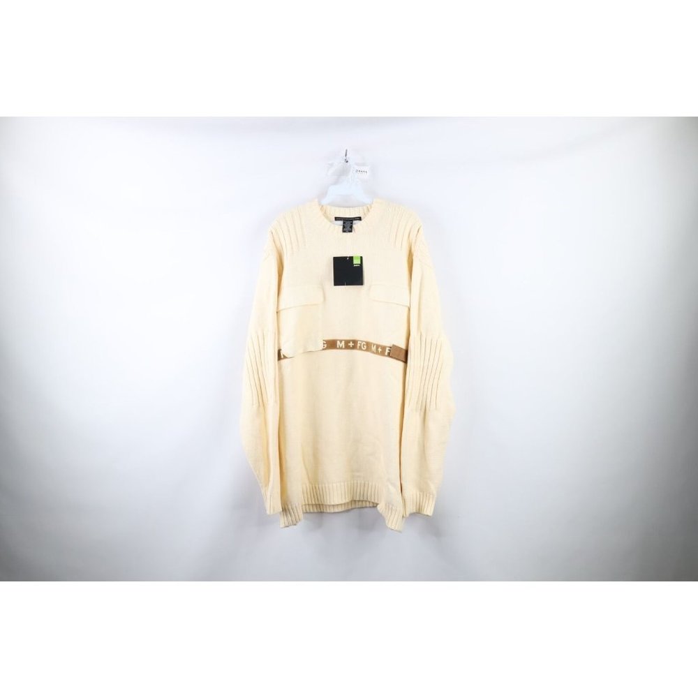 NOS Vtg 90s Marithe Francois Girbaud Mens 2XL Spell Out Strap Knit Sweater Cream